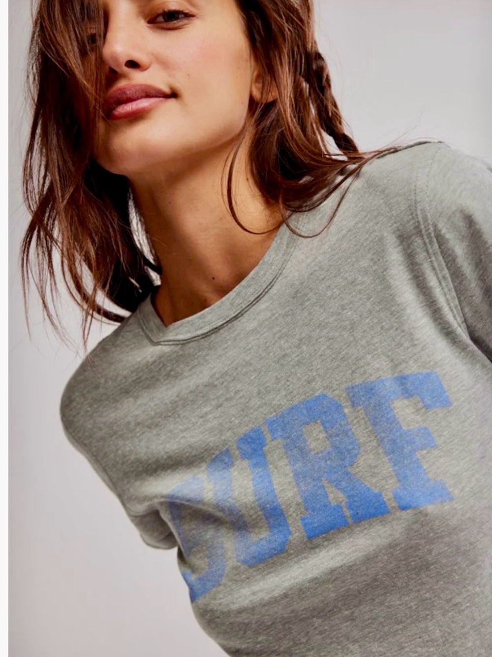 New Free People Nova Graphic SURF Tee in Gray Size L NWOT- organic cotton blend